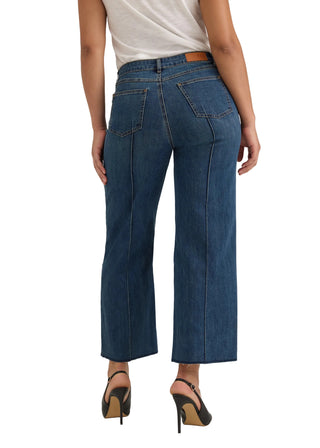 A model shown from the back wearing blue cropped wide-leg denim jeans, a white top, and black high heels against a light gray studio background.