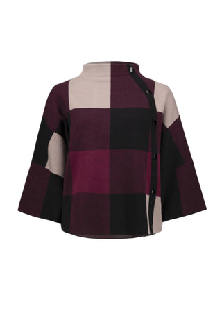 Plaid patterned cape with a mix of purple, black, and beige colors on a white background