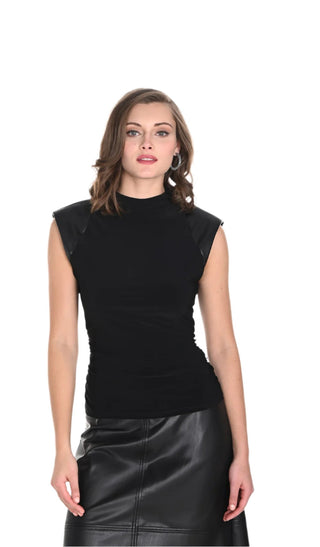 Frank Lyman Top with Leather Cap Sleeve Detail