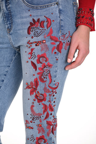 Frank Lyman Jean with Red Floral Detail