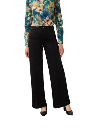 A model is shown from the waist down wearing high-waisted, wide-leg black trousers, paired with a blue floral long-sleeve shirt and black pointed-toe heels, standing against a neutral studio background.