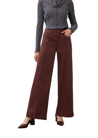A model wearing a gray cowl-neck knit sweater and dark brown wide-leg trousers, paired with dark brown pointed-toe heels, standing against a neutral studio backdrop.