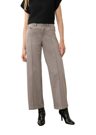 A model wearing light gray wide-leg cropped jeans, paired with a black ribbed top and black ankle boots, standing against a neutral studio backdrop.