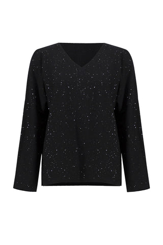 Black long-sleeve top with subtle pattern on a light gray background