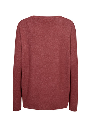 A heathered dusty rose long-sleeve knit sweater shown from the back, photographed against a solid white background.