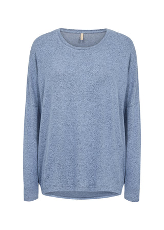 A heathered light blue long-sleeve crewneck sweater displayed on a clean white background.
