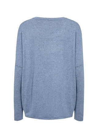 A heathered light blue long-sleeve knit sweater shown from the back, photographed against a solid white background.