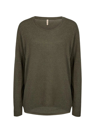 An olive green long-sleeve knit top with a crew neckline, displayed on a clean white background.