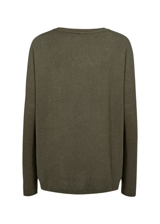 An olive green long-sleeve knit top shown from the back, displayed on a clean white background.