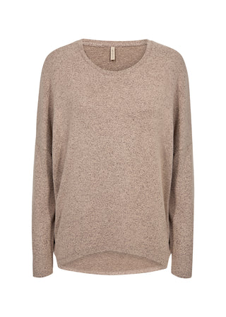 A long-sleeve knit sweater in a heathered taupe-beige color, featuring a crew neckline and a relaxed fit, shown against a plain white background.
