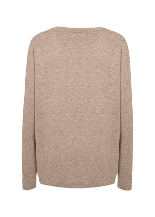 A light brown heathered knit sweater with long sleeves and a crew neck, shown from the back on a plain white background.