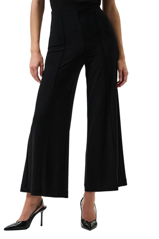 Black wide-leg pants worn by a person on a white background