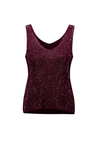 Maroon tank top with glittery texture on a light gray background