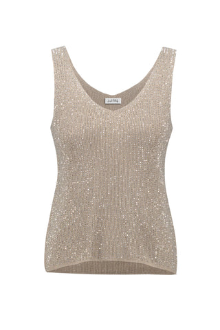 Beige tank top with glittery texture on a light gray background