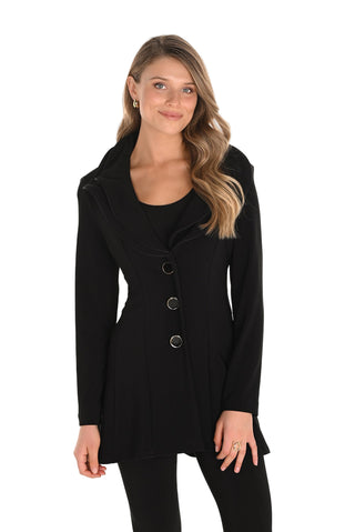 Woman wearing a black coat with buttons on a white background