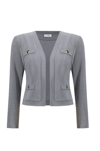 Gray blazer with button details on a white background