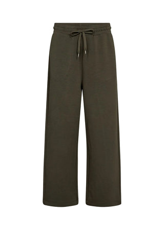 Olive green wide-leg sweatpants with an elastic waistband and drawstring, shown against a plain white background.