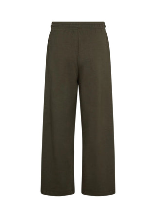 A pair of wide-leg trousers in a solid dark olive green color, shown flat against a plain white background.