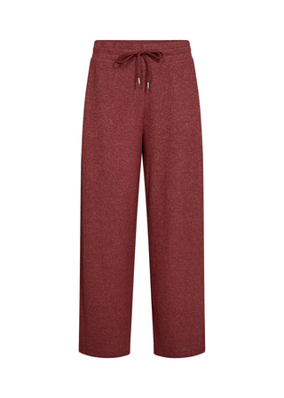 A pair of wide-leg lounge pants in a heathered burgundy red fabric, featuring an elastic waistband with a matching drawstring, shown against a plain white background.