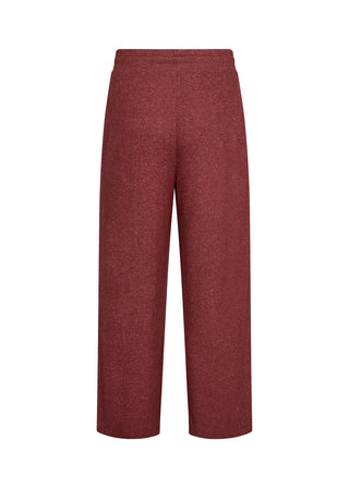 A pair of wide-leg cropped pants in a heathered burgundy red fabric, shown against a plain white background.