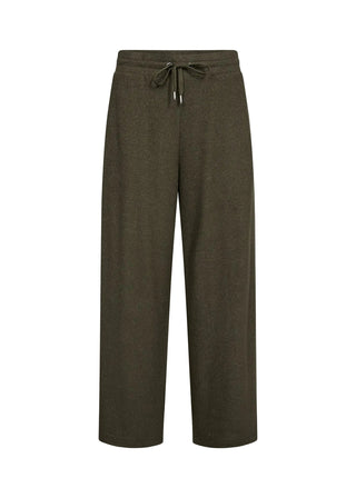 A pair of wide-leg trousers in a dark olive green heathered fabric, featuring an elastic waistband with a matching drawstring, shown against a plain white background.
