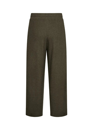 A pair of wide-leg trousers in a dark olive green heathered fabric, shown from the back against a plain white background.