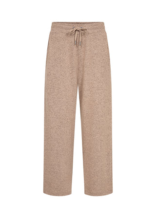 A pair of wide-leg lounge pants in a heathered beige fabric, featuring an elastic waistband and a matching drawstring, shown against a plain white background.