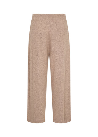 A pair of wide-leg cropped pants in a heathered, speckled beige fabric, shown against a plain white background.