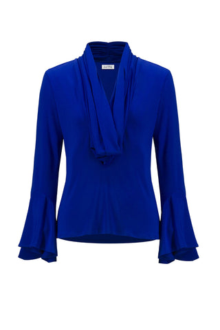 Blue blouse with a draped neckline on a white background