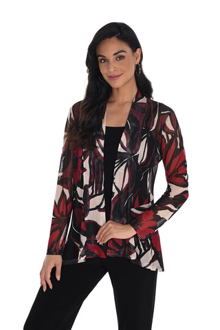 Woman wearing a patterned jacket on a white background
