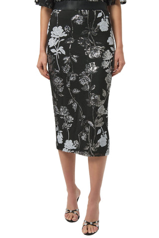Black pencil skirt with floral pattern worn by a person on a white background