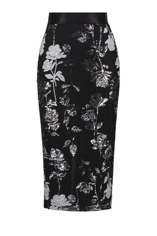 Black pencil skirt with floral sequin pattern on a white background