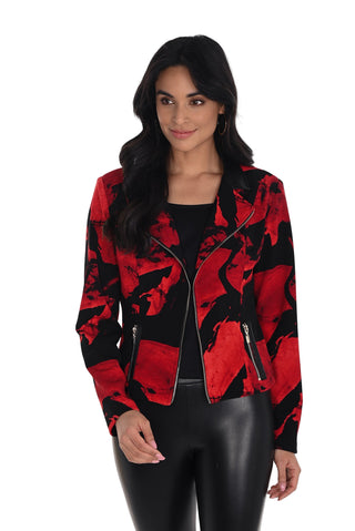 Woman wearing a red and black patterned jacket on a white background