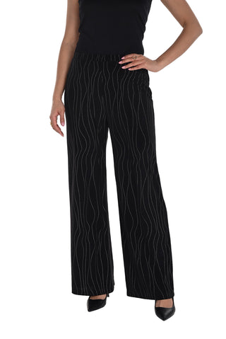 Black pants with white line pattern worn by a person on a white background