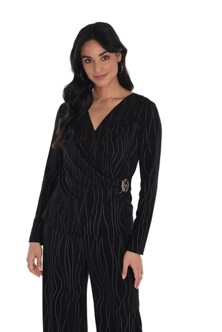 Woman wearing a black pinstripe suit with a belt on a white background