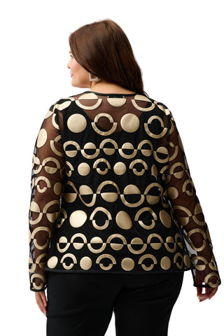 Woman wearing a sheer blouse with circular pattern on a white background