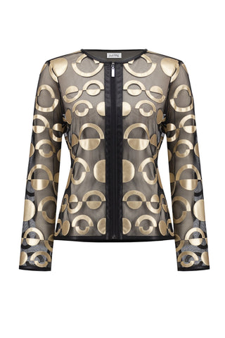 Sheer black top with gold circular pattern on a white background