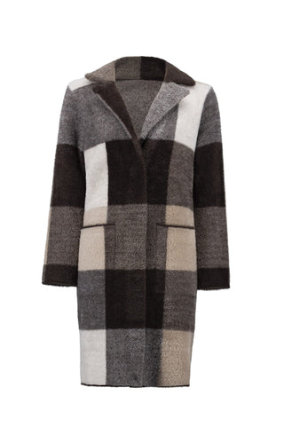 Plaid coat with black, gray, and beige pattern on a white background