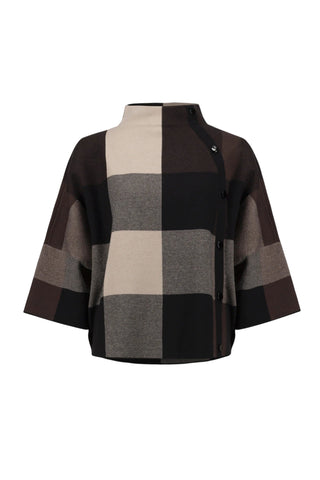 Checkered poncho with brown, beige, and gray pattern on a white background