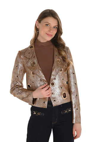 Woman wearing a metallic jacket with unique design elements on a white background