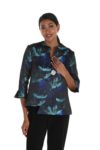 Woman wearing a floral patterned jacket on a white background