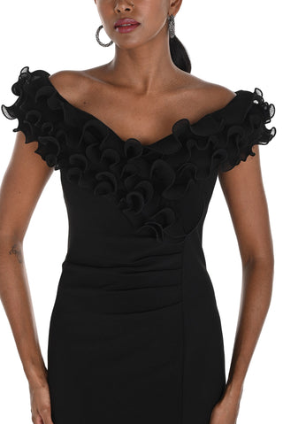 Black off-shoulder dress with ruffled details on a white background
