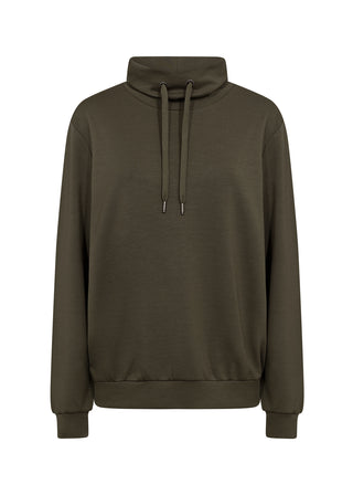 An olive green pullover hoodie with a high folded collar, matching drawstrings, and ribbed cuffs and hem, shown on a plain white background.