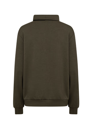 A dark olive brown long-sleeve sweatshirt with a mock neck collar, shown from the back on a plain white background.