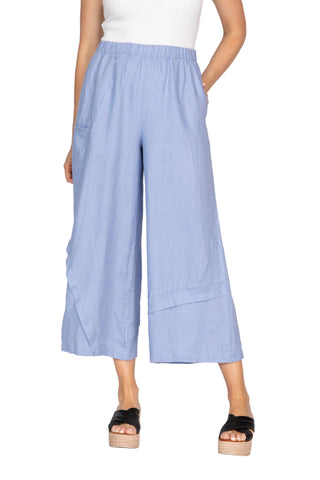 Light blue wide-leg pants worn by a person on a white background