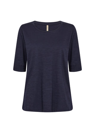 Navy blue t-shirt with quarter-length sleeves on a white background