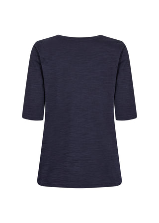 Navy blue t-shirt with 3/4 sleeves on a white background