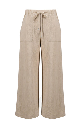 Beige wide-leg pants with a tie waist on a light gray background