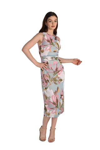 Woman wearing a floral dress on a white background