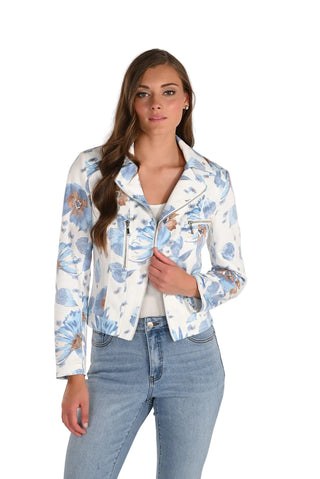 Woman wearing a floral jacket and jeans on a white background